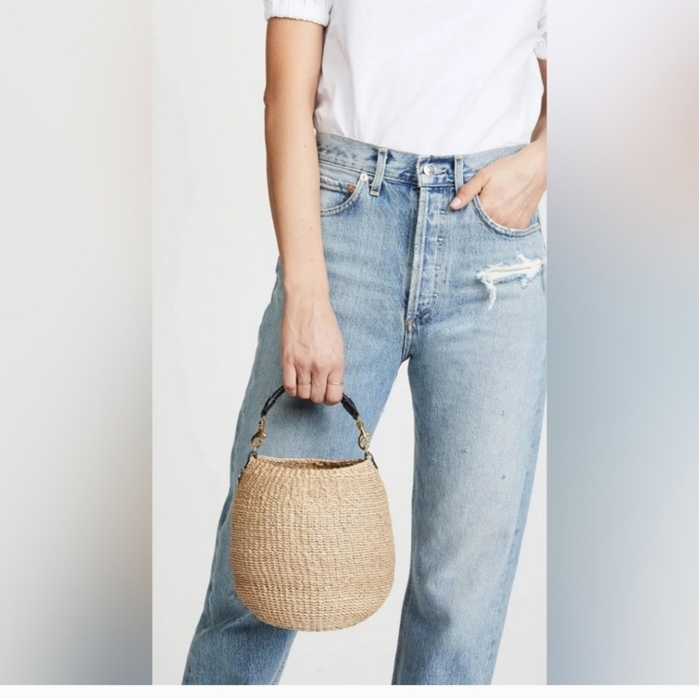 Clare V Natural Woven Raffia Crossbody with Black Leather Handle & Gold Hardware - Picture 2 of 12